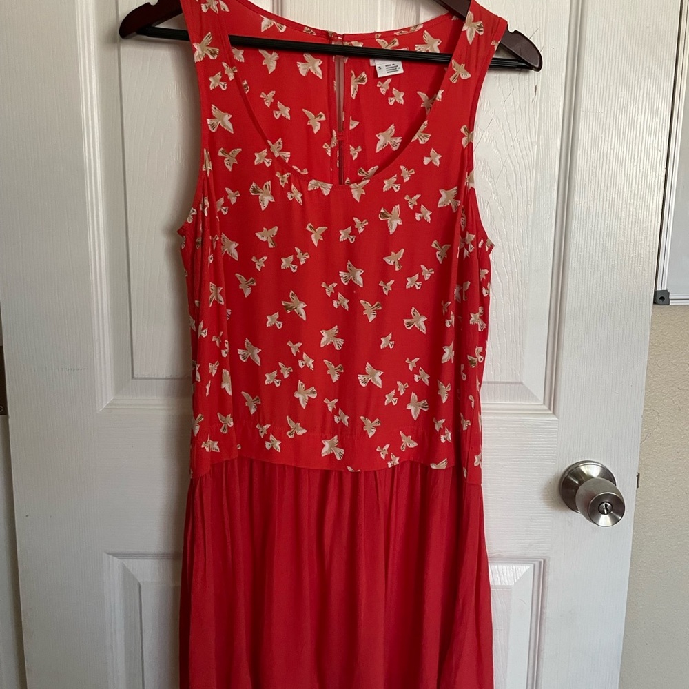 Cooperative dress women BIRD PRINT small rayon orange Urban Outfitters drop wais